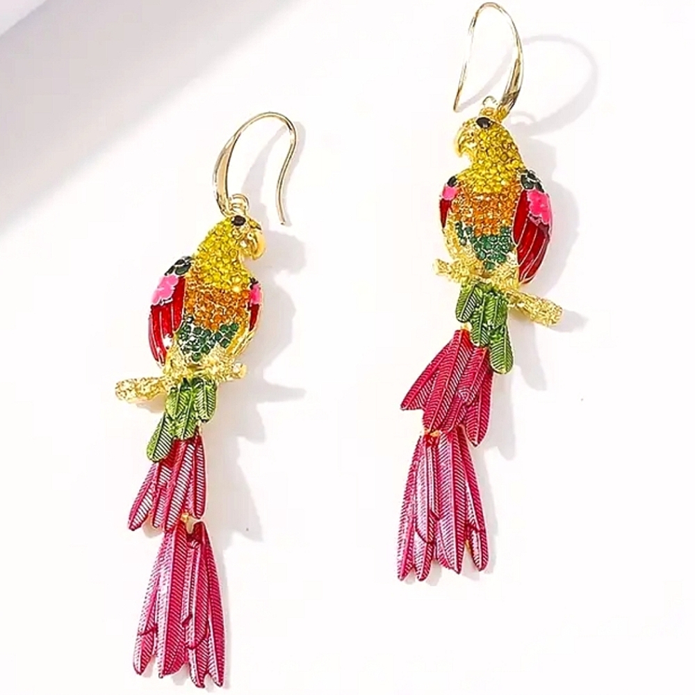 🌺Parrot Rhinestone Dangle Earings Parrot Accessories Tropical Wear Resort - Picture 5 of 6